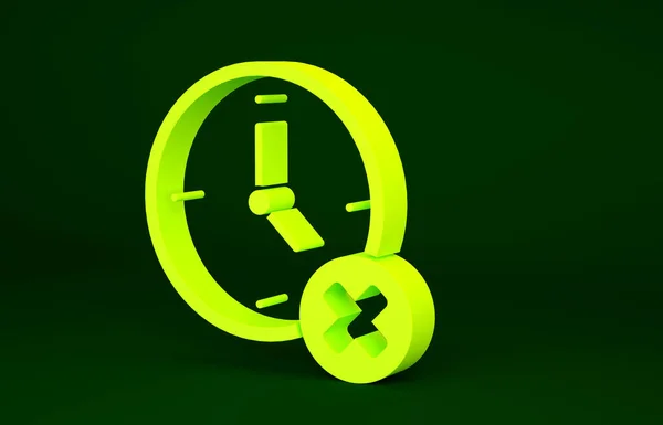 黄色时钟删除绿色背景上孤立的图标 时间的象征 最低纲领的概念 3D渲染3D插图 — 图库照片