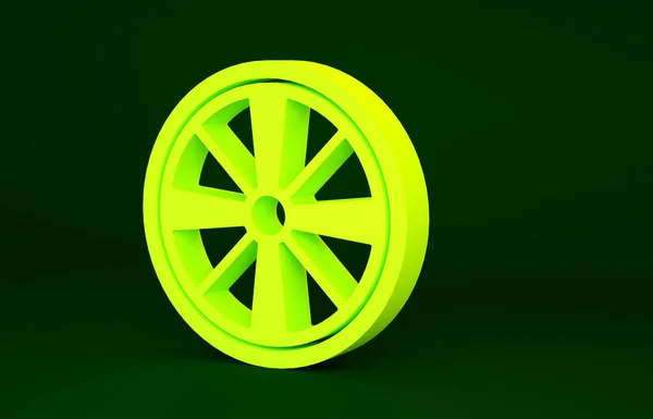 Gelbes Leichtmetallrad Für Ein Auf Grünem Hintergrund Isoliertes Autosymbol Minimalismus — Stockfoto