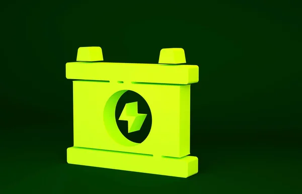 黄色汽车电池图标隔离在绿色背景上 蓄电池的能量 动力和蓄电池 最低纲领的概念 3D渲染3D插图 — 图库照片