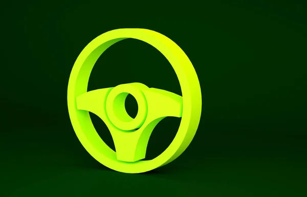 黄色のステアリングホイールアイコンは緑の背景に隔離された 車のホイールアイコン 最小限の概念 3Dイラスト3Dレンダリング — ストック写真
