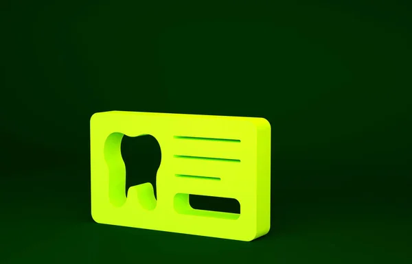 Yellow Clipboard with dental card or patient medical records icon isolated on green background. Dental insurance. Dental clinic report. Minimalism concept. 3d illustration 3D render.