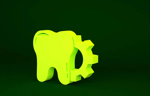 緑の背景に隔離された黄色の歯の治療手順アイコン 歯車で歯の修理 最小限の概念 3Dイラスト3Dレンダリング — ストック写真