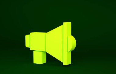 Yeşil arkaplanda izole edilmiş sarı megafon simgesi. Sözcü işareti. Minimalizm kavramı. 3d illüstrasyon 3B canlandırma.