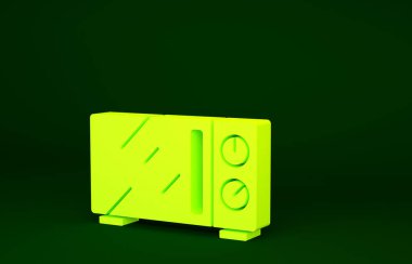 Yeşil arka planda sarı mikrodalga fırın ikonu izole edildi. Ev aletleri simgesi. Minimalizm kavramı. 3d illüstrasyon 3B canlandırma.