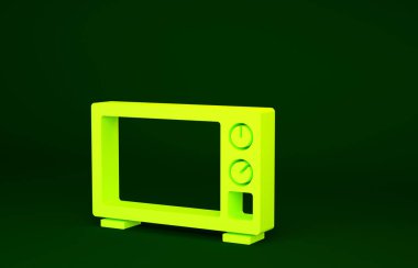 Yeşil arka planda sarı mikrodalga fırın ikonu izole edildi. Ev aletleri simgesi. Minimalizm kavramı. 3d illüstrasyon 3B canlandırma.