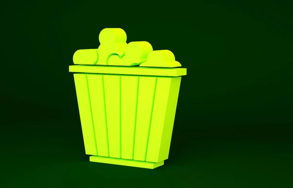 緑の背景に隔離された段ボール箱のアイコンに黄色のポップコーン ポップコーンバケツボックス 最小限の概念 3Dイラスト3Dレンダリング — ストック写真