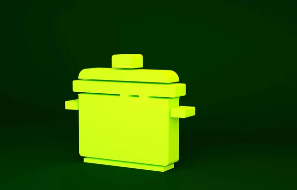 緑の背景に隔離された黄色の調理ポットアイコン 沸騰またはシチュー食品のシンボル 最小限の概念 3Dイラスト3Dレンダリング — ストック写真