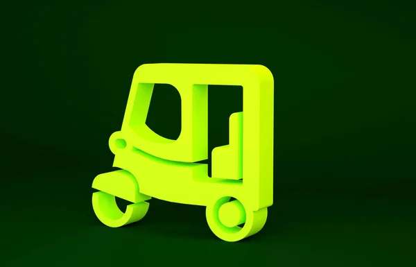 黄色出租车塔克图标孤立在绿色背景 印度汽车人力车的概念 德里汽车 最低纲领的概念 3D渲染3D插图 — 图库照片