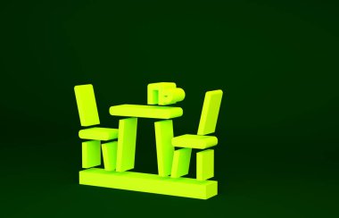 Yeşil arka planda izole edilmiş sarı Fransız kafe ikonu. Sokak kafesi. Masa ve sandalyeler. Minimalizm kavramı. 3d illüstrasyon 3B canlandırma.
