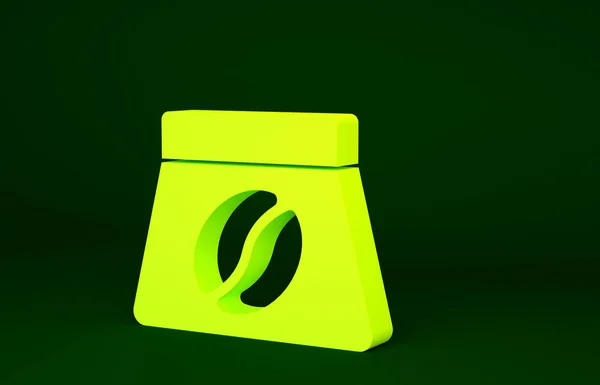 黄色的一袋咖啡豆图标在绿色背景上被分离出来 最低纲领的概念 3D渲染3D插图 — 图库照片