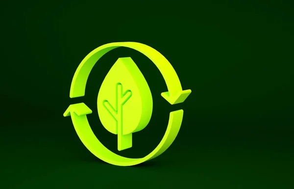 Yellow Recycle symbol and leaf icon isolated on green background. Environment recyclable go green. Minimalism concept. 3d illustration 3D render.