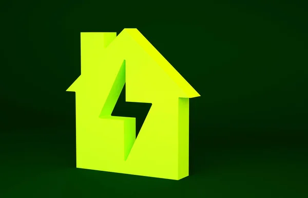 黄色の家と雷のアイコンは緑の背景に隔離された ホームエネルギー 最小限の概念 3Dイラスト3Dレンダリング — ストック写真