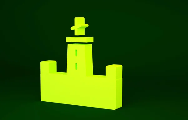 黄色的蒙特胡克城堡图标被绿色背景隔离 西班牙巴塞罗那 最低纲领的概念 3D渲染3D插图 — 图库照片