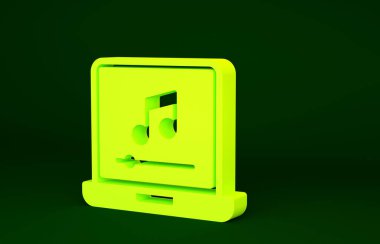 Yeşil arkaplanda izole edilmiş müzik notası sembollü sarı dizüstü bilgisayar. Minimalizm kavramı. 3d illüstrasyon 3B canlandırma.