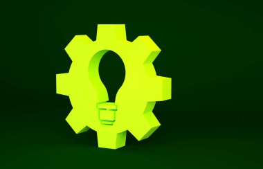 Sarı ampul ve dişli ikonu yeşil arkaplanda izole edildi. Yenilik kavramı. İş fikri. Minimalizm kavramı. 3d illüstrasyon 3B canlandırma.