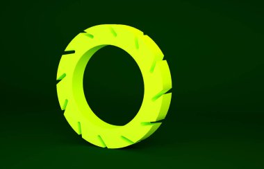 Yeşil arka planda sarı bisiklet tekeri ikonu izole edildi. Bisiklet yarışı. Olağanüstü bir spor. Spor malzemeleri. Minimalizm kavramı. 3d illüstrasyon 3B canlandırma.