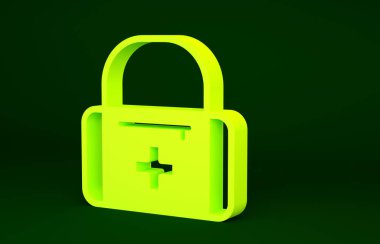 Sarı ilk yardım çantası simgesi yeşil arkaplanda izole edildi. Haçlı sağlık kutusu. Acil durumlar için tıbbi ekipman. Sağlık sigortası konsepti. Minimalizm kavramı. 3d illüstrasyon 3B canlandırma.