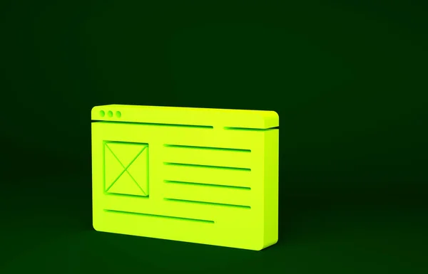 Yellow Browser window icon isolated on green background. Minimalism concept. 3d illustration 3D render.