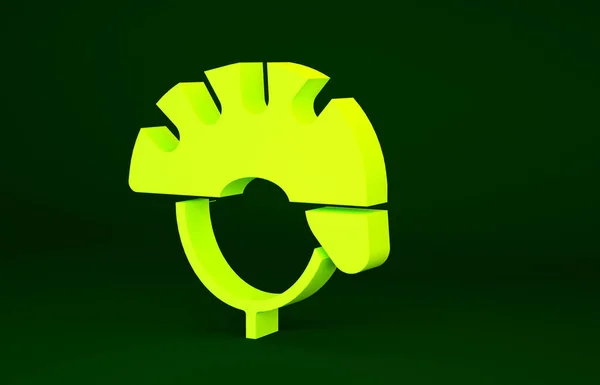 黄色自行车头盔图标隔离在绿色背景 极限运动 运动器材 最低纲领的概念 3D渲染3D插图 — 图库照片