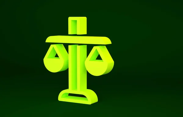 緑の背景に隔離された司法アイコンの黄色のスケール 裁判所のシンボル バランス スケール サイン 最小限の概念 3Dイラスト3Dレンダリング — ストック写真