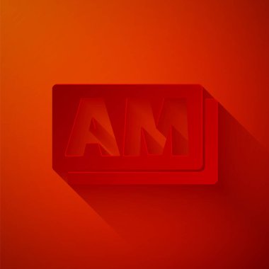 Kağıt kesiği AM simgesi kırmızı arkaplanda izole edildi. Zaman sembolü. Kağıt sanatı tarzı. Vektör.