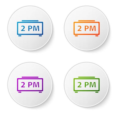 Beyaz arkaplanda izole edilmiş renkli dijital alarm saati simgesi. Elektronik çalar saat. Zaman simgesi. Simgeleri daire düğmelerine ayır. Vektör.