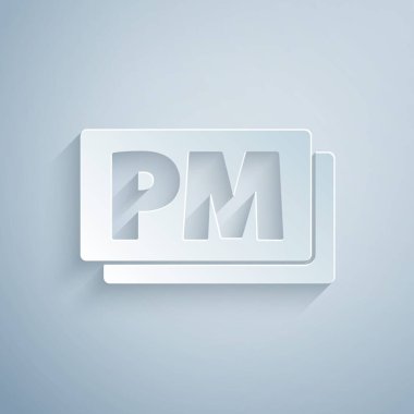 Kağıt kesiği Başbakanlık simgesi gri arkaplanda izole edildi. Zaman sembolü. Kağıt sanatı tarzı. Vektör.