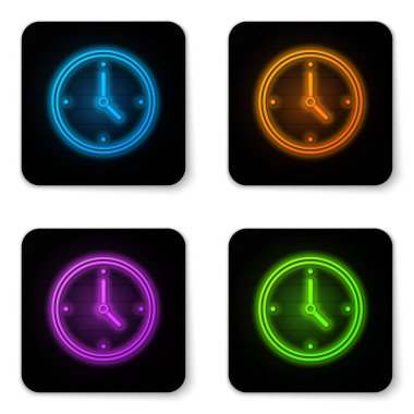 Parlayan neon saat simgesi beyaz arkaplanda izole edildi. Zaman sembolü. Siyah kare düğme. Vektör.