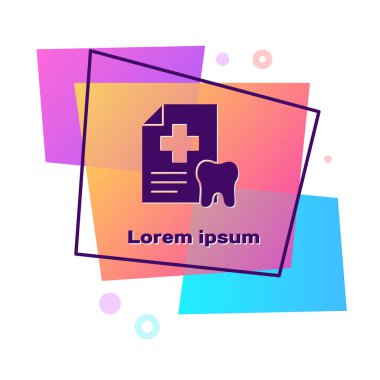 Diş kartı olan mor pano ya da beyaz arka planda izole edilmiş hasta tıbbi kayıtları. Diş sigortası. Diş sağlığı kliniği raporu. Renkli dikdörtgen düğmesi. Vektör.