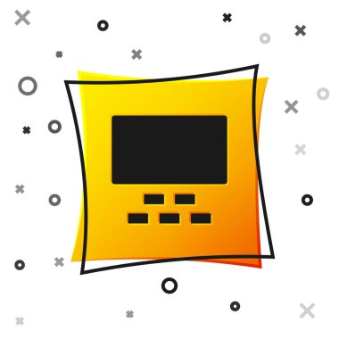 Beyaz arka planda siyah sinema salonu ve koltuk ikonu var. Sarı kare düğme. Vektör.