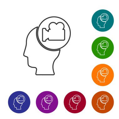 Beyaz arkaplanda siyah çizgi başı ve kamera simgesi var. Video kamera. Film tabelası. Film projektörü. Simgeleri renk daire düğmelerine ayarla. Vektör.