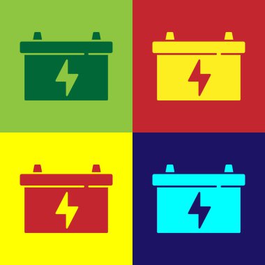Pop Art Car akü simgesi renk arkaplanında izole edildi. Akümülatör bataryası enerji ve elektrik akümülatörü bataryası. Vektör.
