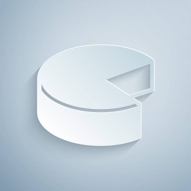 Kağıt kesiği, gri arkaplanda izole edilmiş peynir simgesi. Kağıt sanatı tarzı. Vektör.