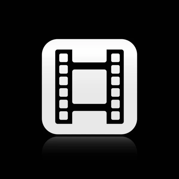 黑色播放视频图标隔离在黑色背景 电影条状标志 银方按钮 — 图库矢量图片