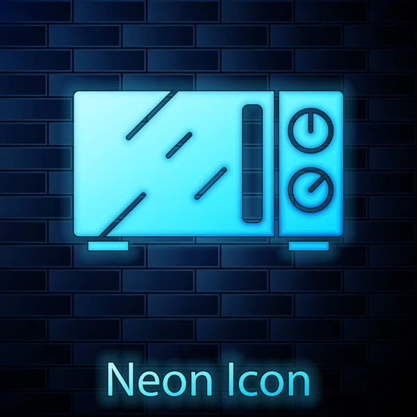 Zářící Neon Mikrovlnná Trouba Ikona Izolované Cihlové Zdi Pozadí Ikona — Stockový vektor