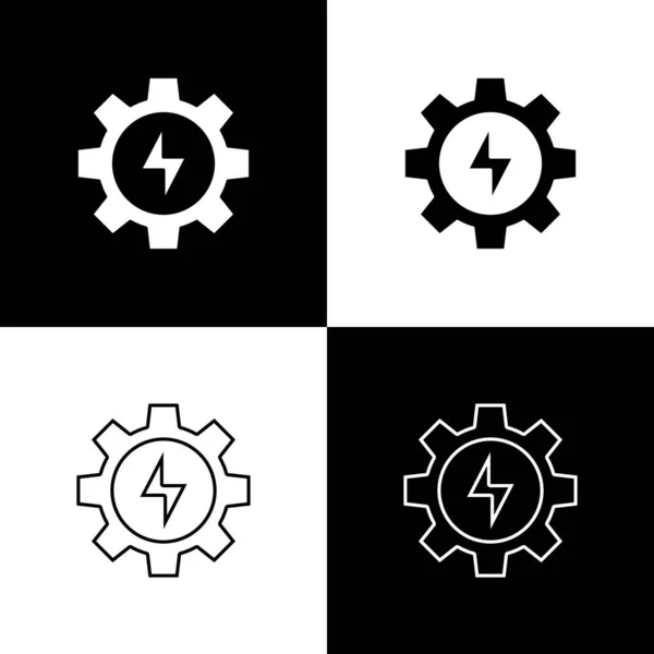 Set Gear Lightning Icon Isolated Black White Background Electric Power — Stock Vector