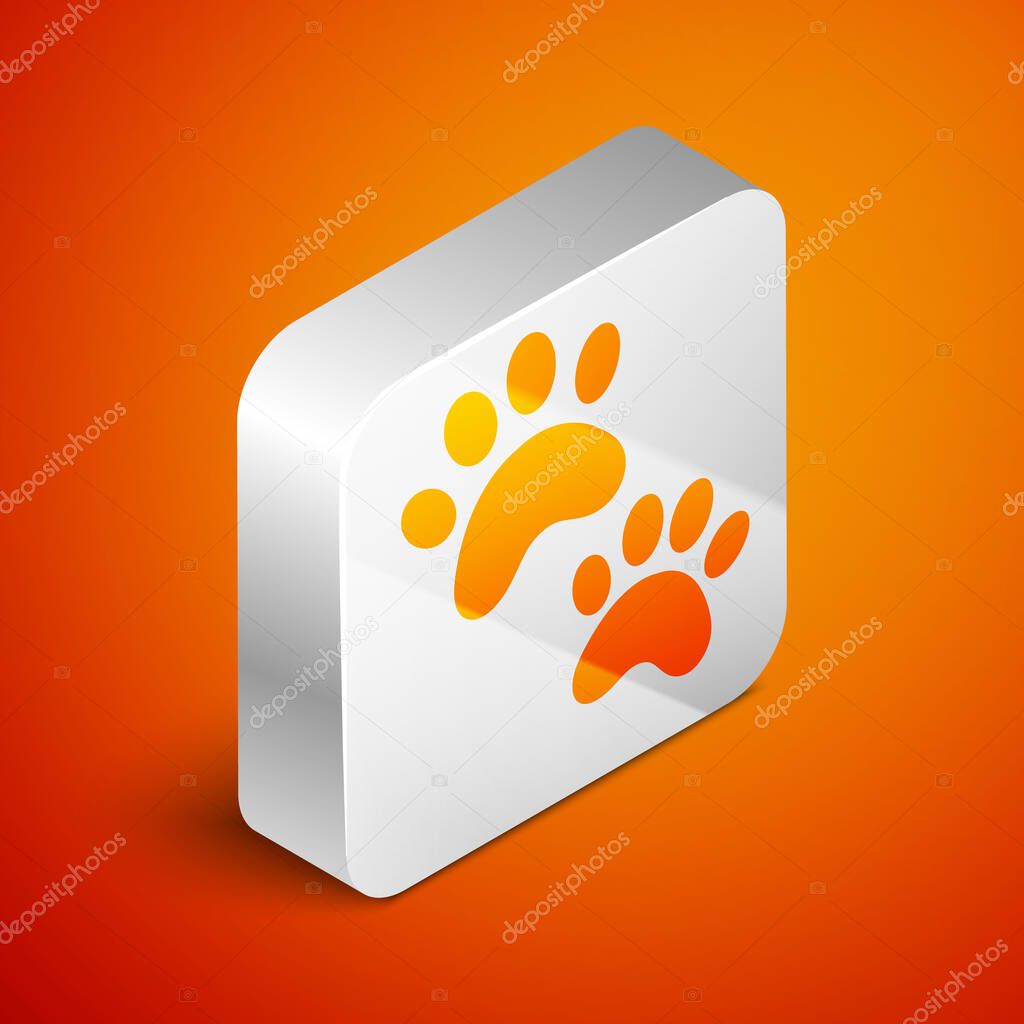 Isometric Paw print icon isolated on orange background. Dog or cat paw print. Animal track. Silver square button. Vector.