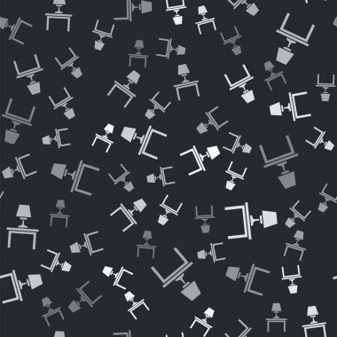 Masa ikonundaki gri masa lambası siyah arka planda izole edilmiş pürüzsüz desen. Vektör.