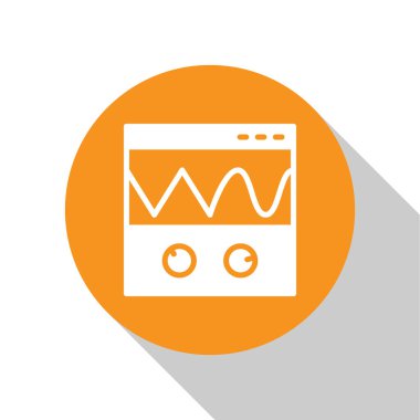 Beyaz Oscilloscope sinyal dalga ikonu beyaz arkaplanda izole edildi. Turuncu daire düğmesi. Vektör.