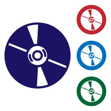 Mavi CD veya DVD disk simgesi beyaz arkaplanda izole edildi. Küçük disk işareti. Renkli kare düğmelerle simgeleri ayarla. Vektör.