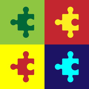 Pop sanat yapboz simgesi renk arkaplanında izole edildi. İş, pazarlama, finans, düzen, bilgi grafikleri, internet konsepti. Vektör.