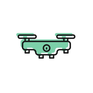 Parlayan neon insansız hava aracı uçan ikonu tuğla duvar arka planında izole edildi. Video ve fotoğraf makinesi sembollü dörtlü helikopter. Vektör.