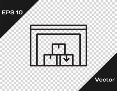 Beyaz arka planda turuncu parlayan neon depo simgesi izole edildi. Siyah kare düğme. Vektör.