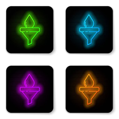 Beyaz arkaplanda parlayan neon hattı huni veya filtre ve motor yağı damlası simgesi izole edildi. Siyah kare düğme. Vektör.