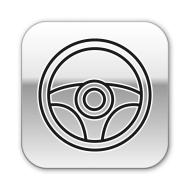 Siyah çizgili direksiyon simgesi beyaz arkaplanda izole edilmiş. Araba tekeri ikonu. Gümüş kare düğme. Vektör.