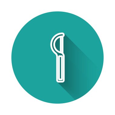 Beyaz çizgi diş ipi ikonu uzun gölgeli izole edilmiş. Yeşil daire düğmesi. Vektör.