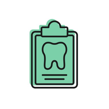 Diş kartı olan siyah çizgi panosu ya da beyaz arka planda izole edilmiş hasta tıbbi kayıtları. Diş sigortası. Diş sağlığı kliniği raporu. Vektör.