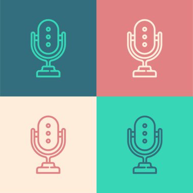 Pop sanat çizgisi mikrofon simgesi renk arkaplanında izole edildi. Radyodaki mikrofondan. Sözcü işareti. Vektör.