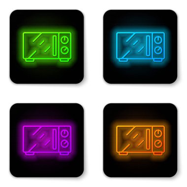 Parlayan neon hattı mikrodalga fırın ikonu beyaz arkaplanda izole edildi. Ev aletleri simgesi. Siyah kare düğme. Vektör.