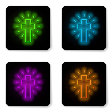 Parlayan neon hattı Hıristiyan çapraz simgesi beyaz arka planda izole edildi. Kilise haçı. Siyah kare düğme. Vektör.